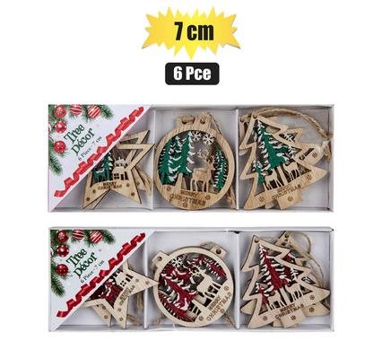 Xmas tree decor wooden ornament 7cm 6pc